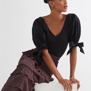 NWOT Maeve (Anthropologie) black v-neck puff tie-sleeve top